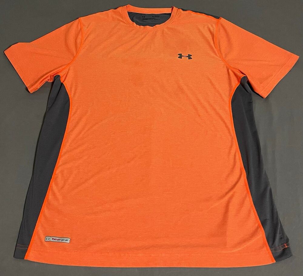 Under Armour Mens XL Raid HeatGear Shirt Orange Gray Mesh Back